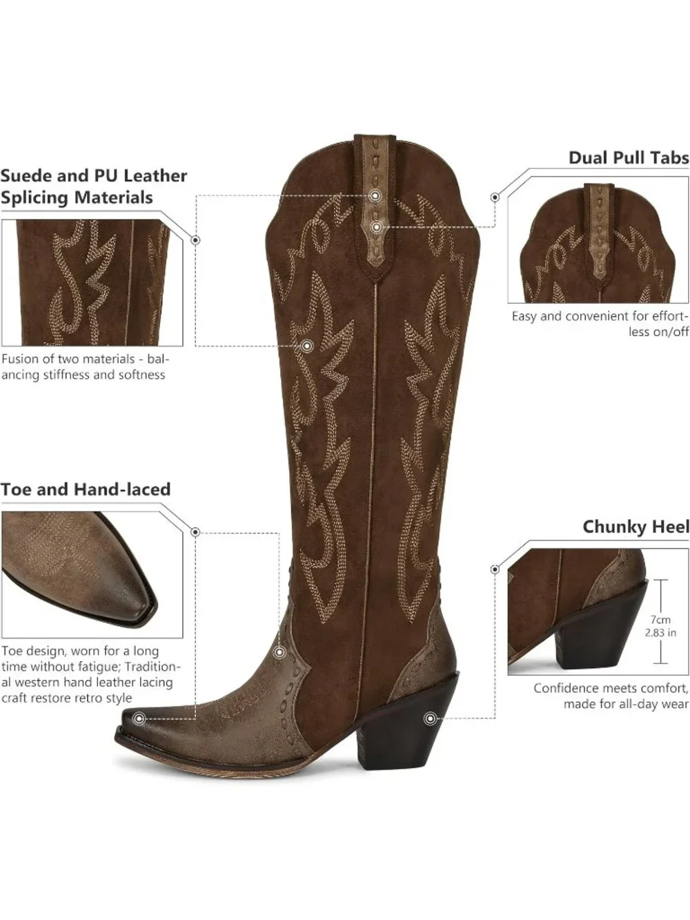🆕Women's Brown Knee High Flame Embroidered Snip Toe Zipper Chunky Heel